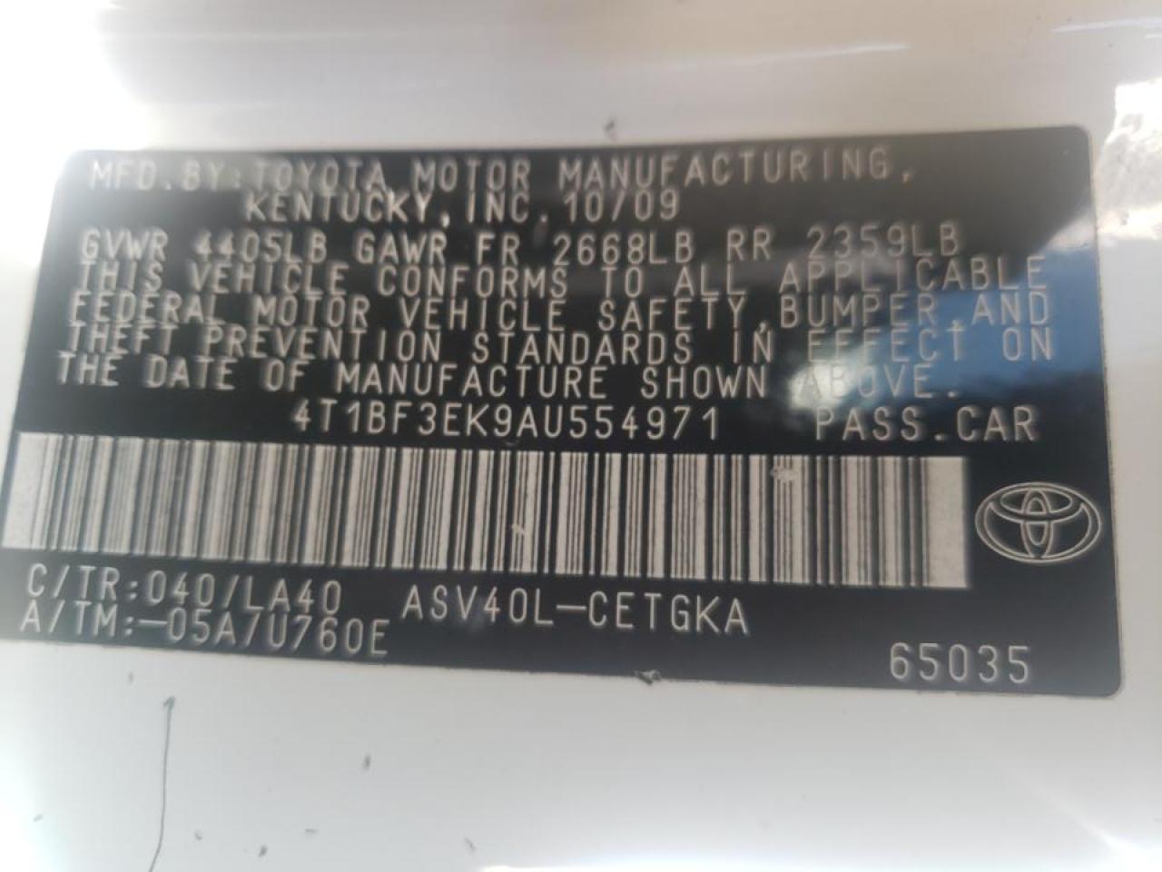 Photo 10 from auction – 2010 TOYOTA CAMRY BASE with VIN 4T1BF3EK9AU554971