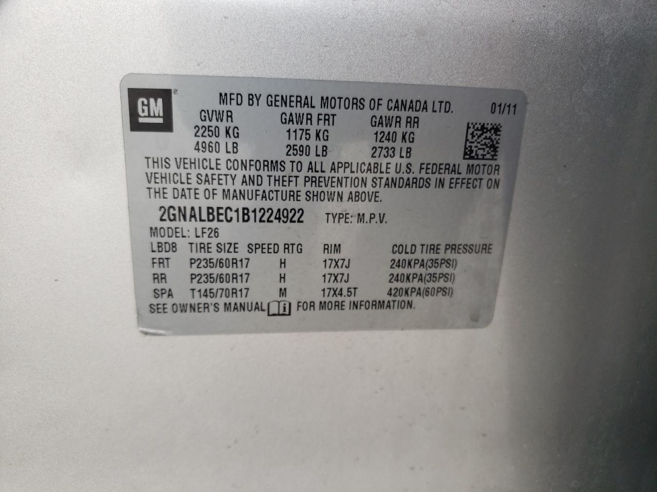 Photo 10 from auction – 2011 CHEVROLET EQUINOX LS with VIN 2GNALBEC1B1224922