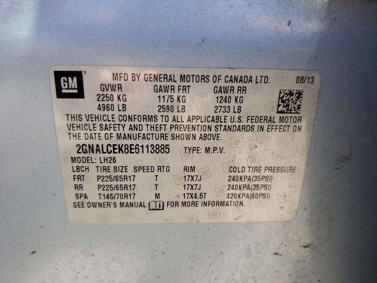 Photo 10 from auction – 2014 CHEVROLET EQUINOX LT with VIN 2GNALCEK8E6113885