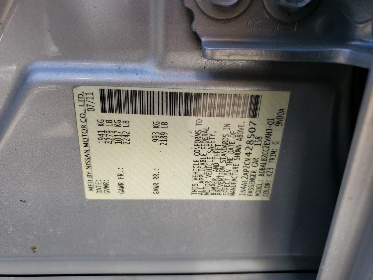 Photo 10 from auction – 2012 NISSAN ALTIMA BAS with VIN 1N4AL2AP2CN428507