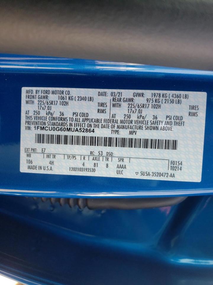 Photo 10 from auction – 2021 FORD ESCAPE SE with VIN 1FMCU0G60MUA52864