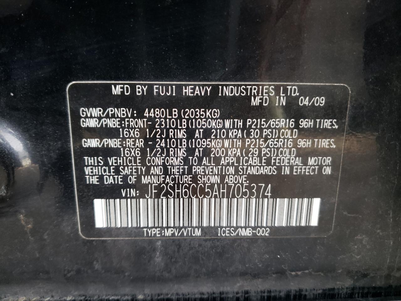 Photo 10 from auction – 2010 SUBARU FORESTER 2 with VIN JF2SH6CC5AH705374