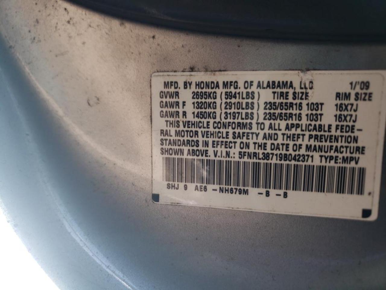 Photo 10 from auction – 2009 HONDA ODYSSEY EX with VIN 5FNRL38719B042371