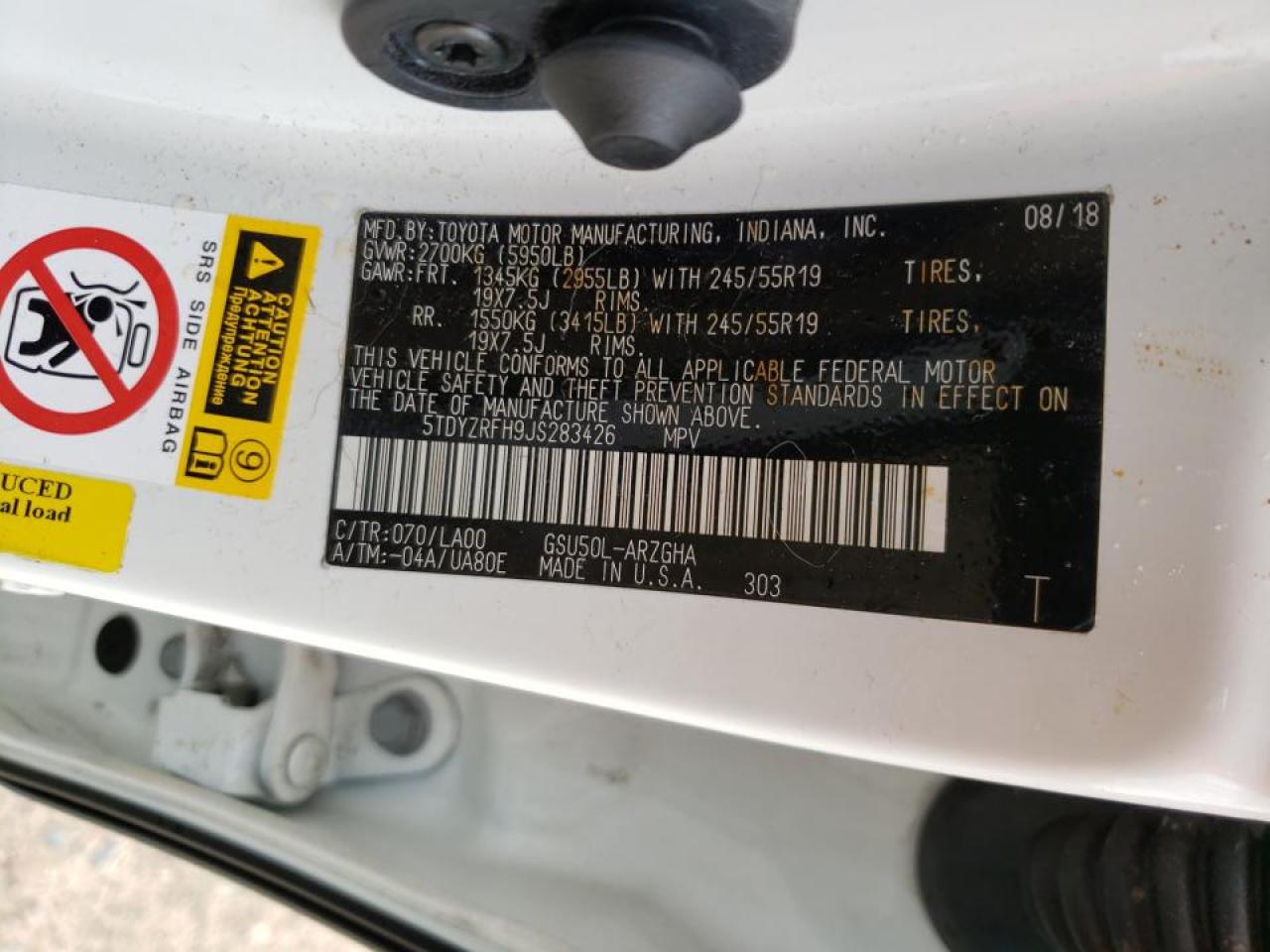 Photo 10 from auction – 2018 TOYOTA HIGHLANDER with VIN 5TDYZRFH9JS283426