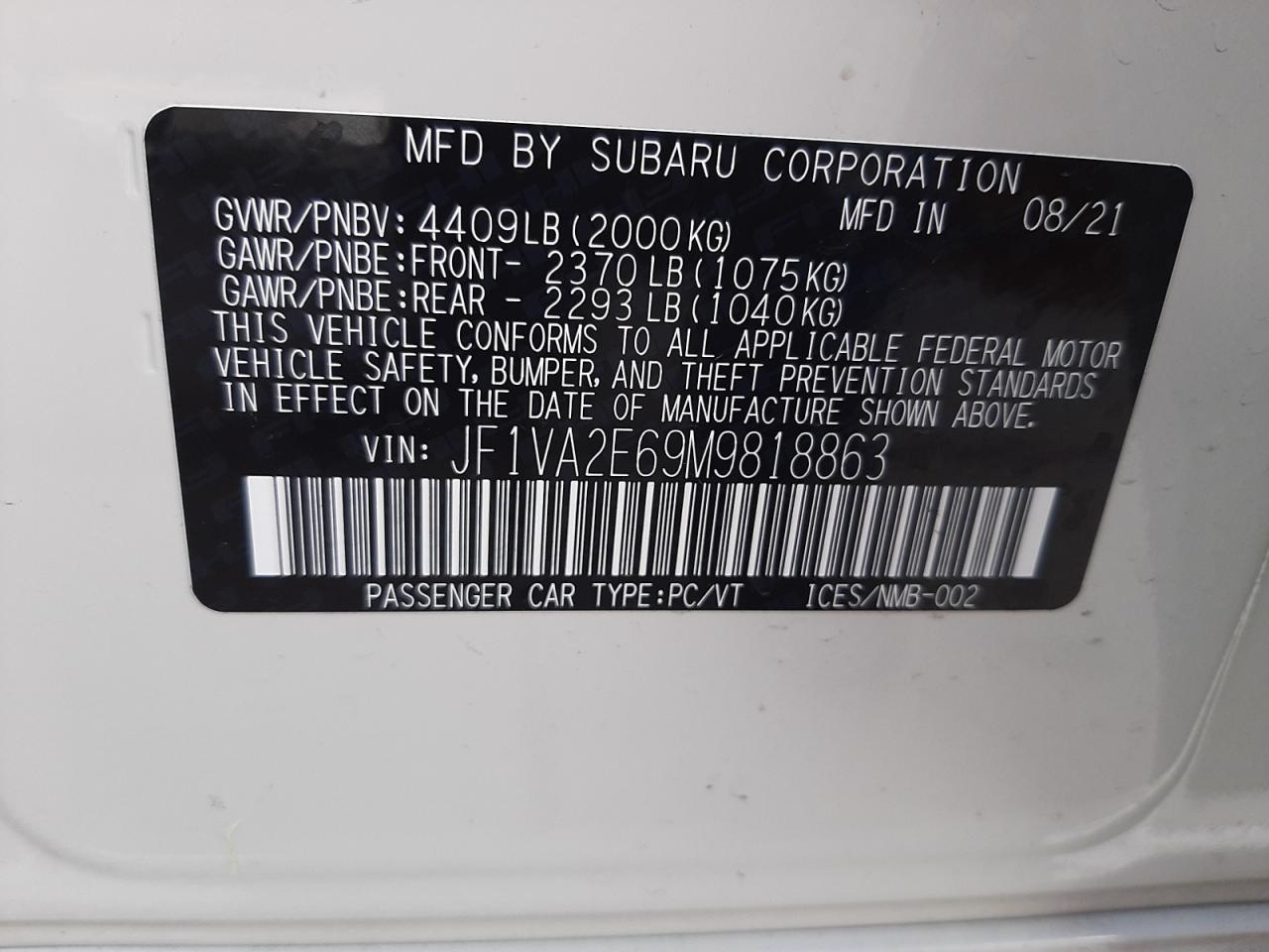 Photo 10 from auction – 2021 SUBARU WRX STI with VIN JF1VA2E69M9818863