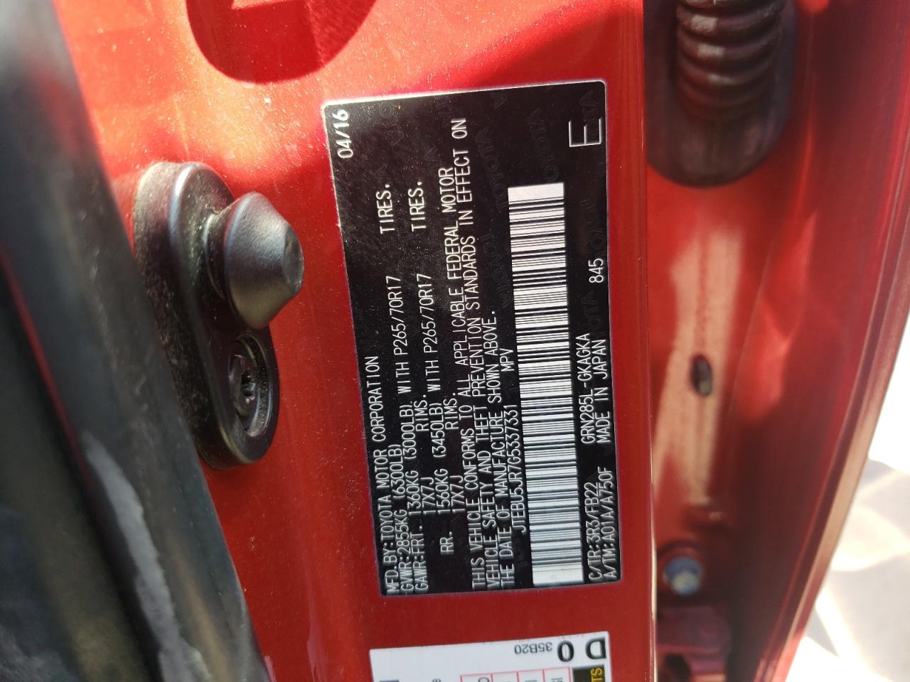 Photo 10 from auction – 2016 TOYOTA 4RUNNER SR with VIN JTEBU5JR7G5337331