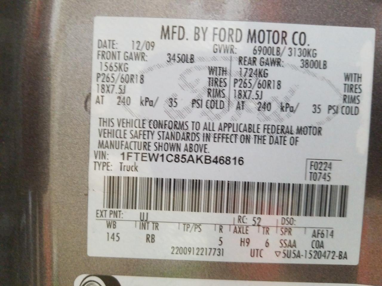 Photo 10 from auction – 2010 FORD F150 SUPER with VIN 1FTEW1C85AKB46816