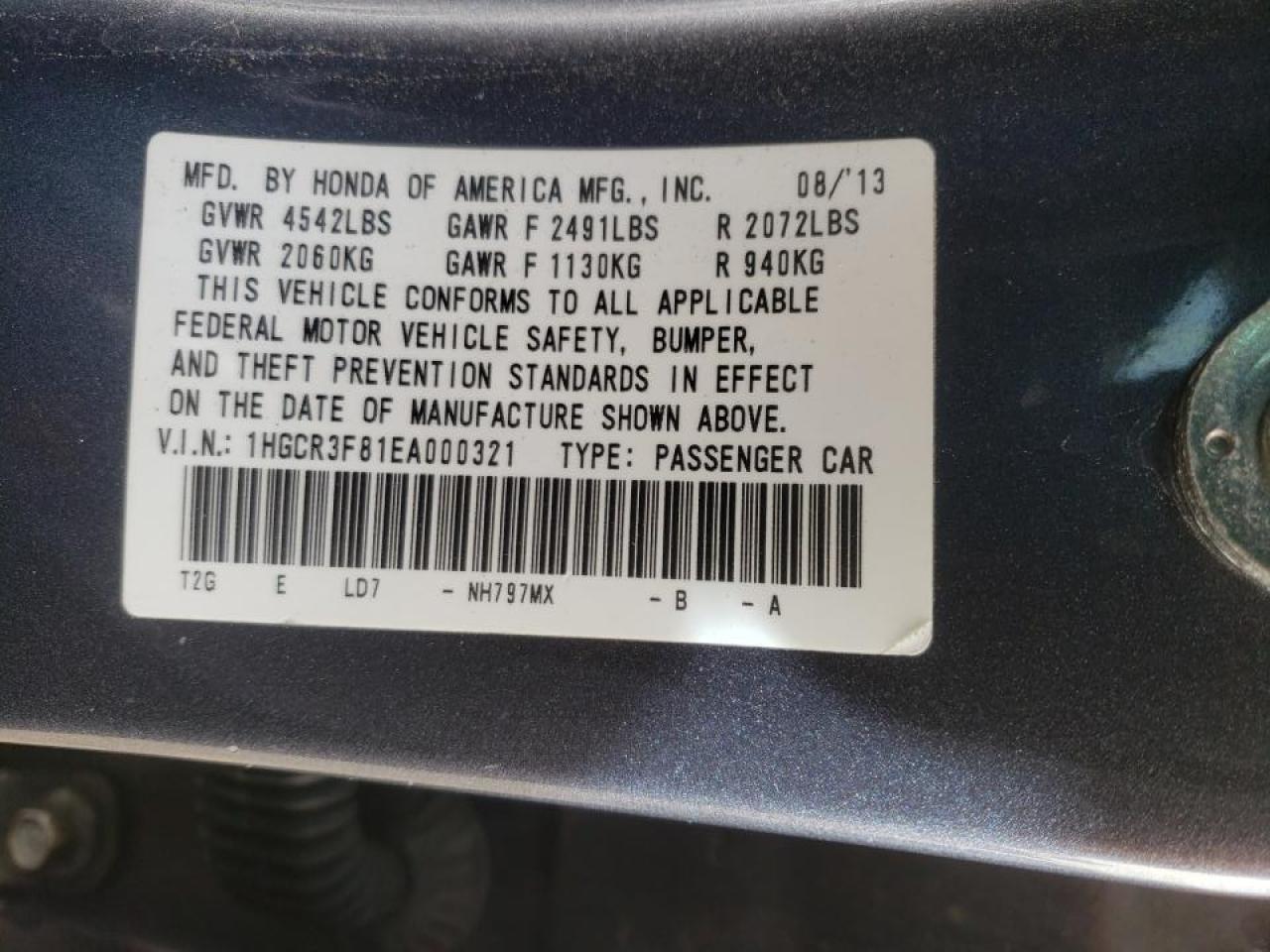 Photo 10 from auction – 2014 HONDA ACCORD EXL with VIN 1HGCR3F81EA000321