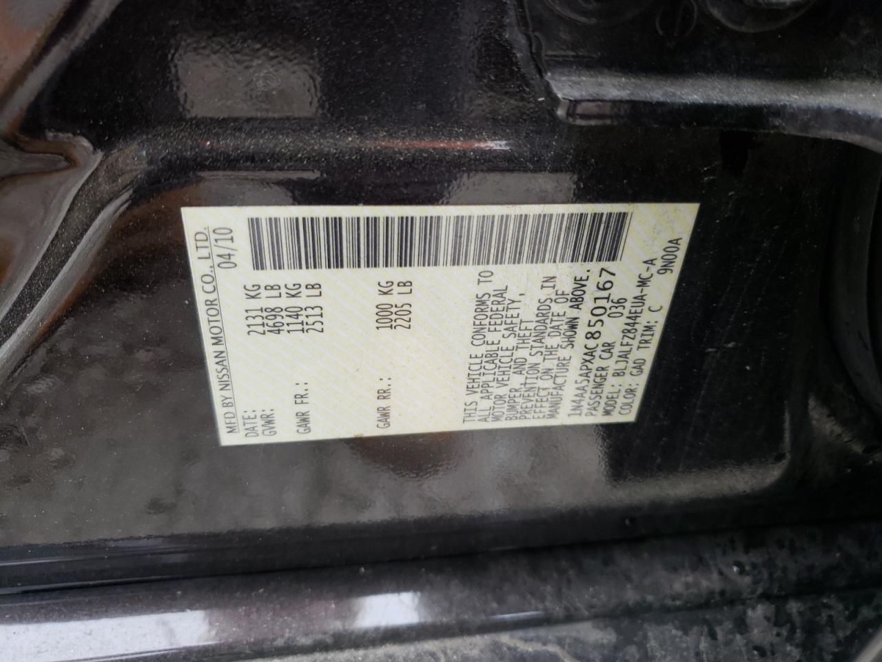Photo 10 from auction – 2010 NISSAN MAXIMA S with VIN 1N4AA5APXAC850167