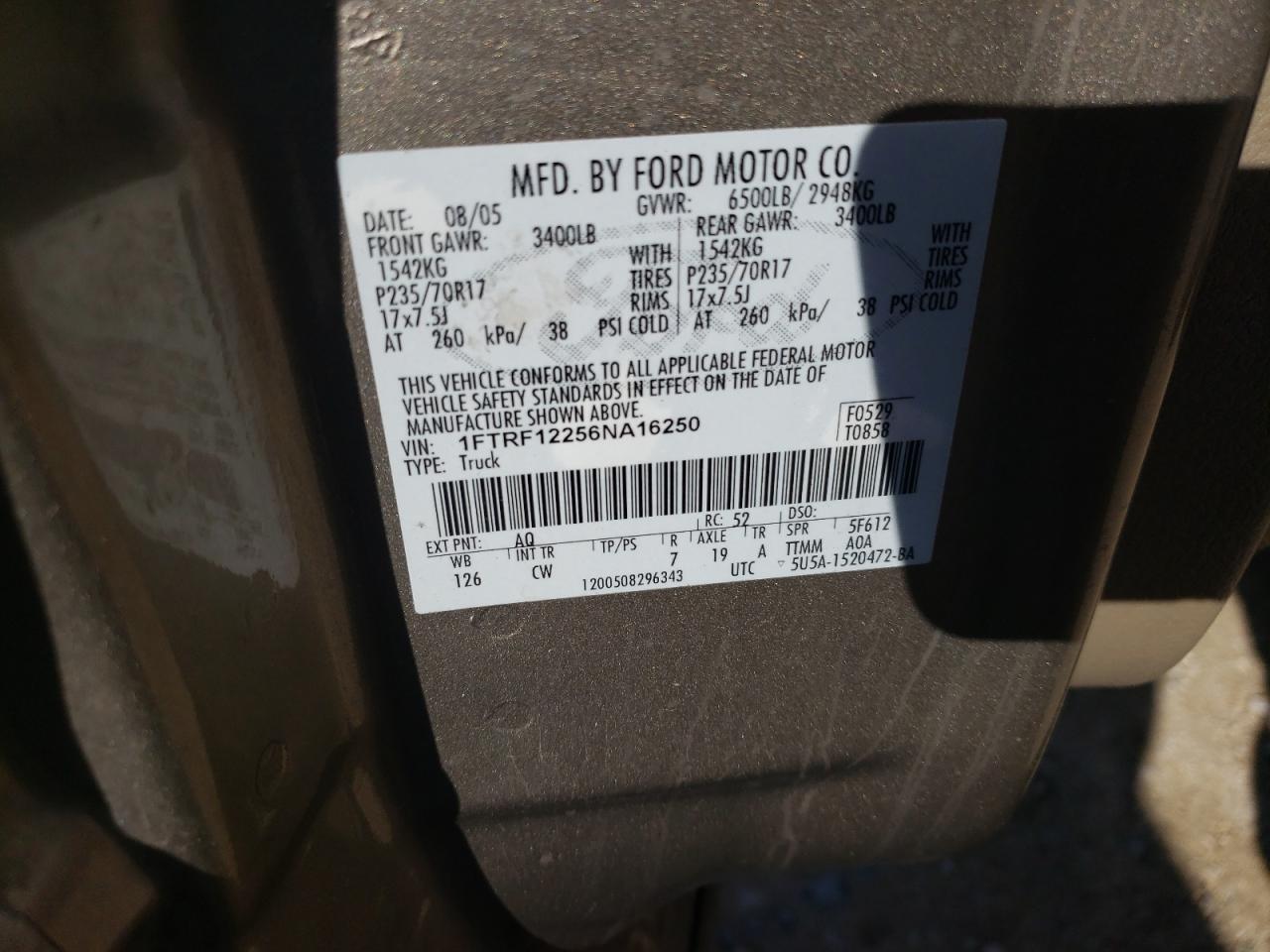 Photo 10 from auction – 2006 FORD F150 with VIN 1FTRF12256NA16250