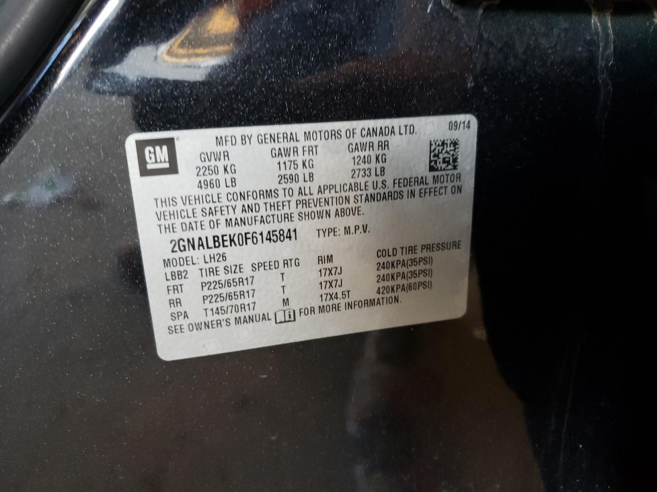 Photo 10 from auction – 2015 CHEVROLET EQUINOX LT with VIN 2GNALBEK0F6145841