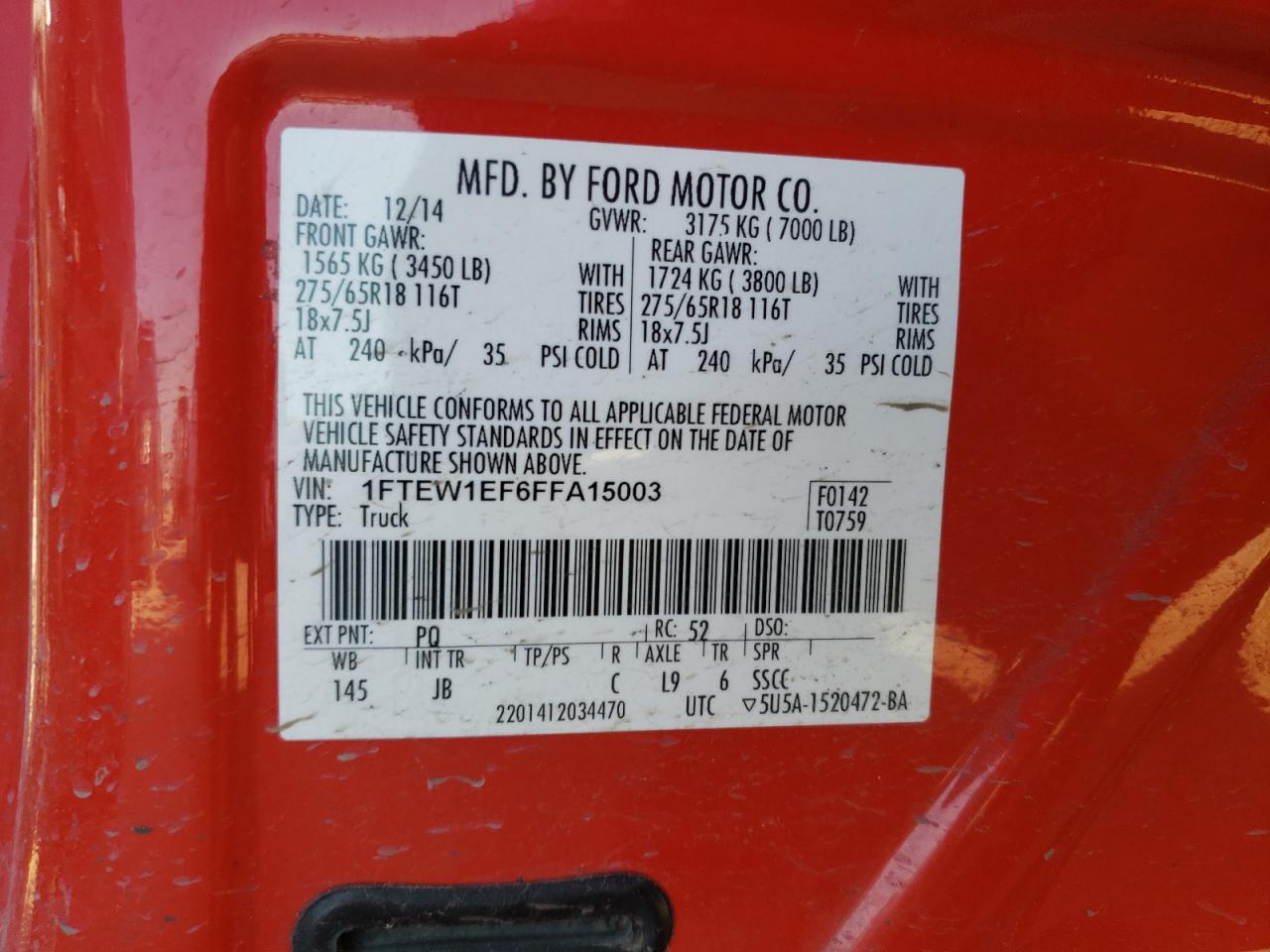 Photo 10 from auction – 2015 FORD F150 SUPER with VIN 1FTEW1EF6FFA15003