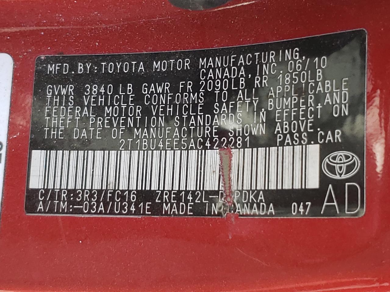 Photo 10 from auction – 2010 TOYOTA COROLLA BA with VIN 2T1BU4EE5AC422281