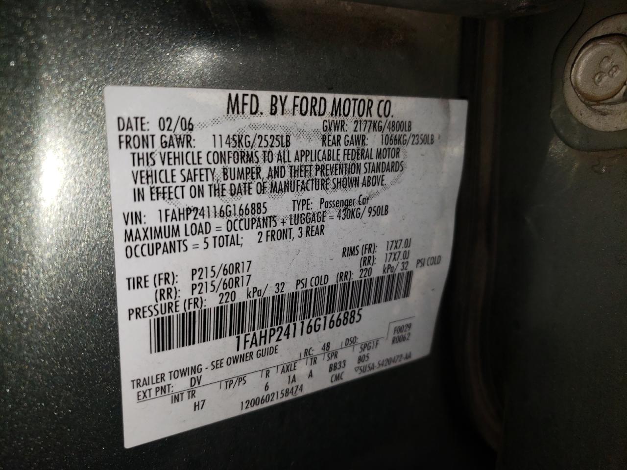 Photo 10 from auction – 2006 FORD FIVE HUNDR with VIN 1FAHP24116G166885