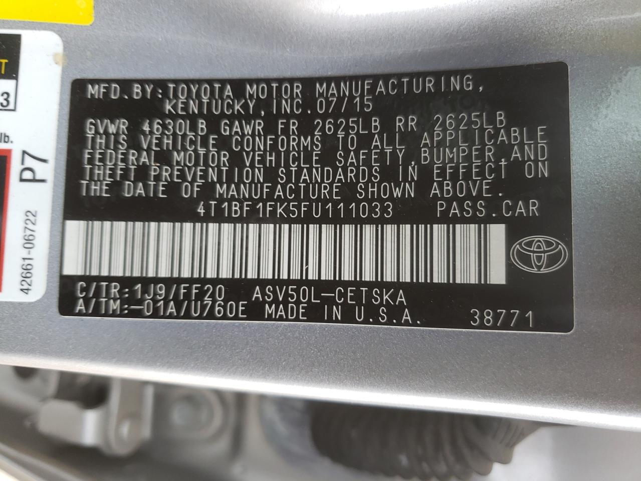 Photo 10 from auction – 2015 TOYOTA CAMRY LE with VIN 4T1BF1FK5FU111033