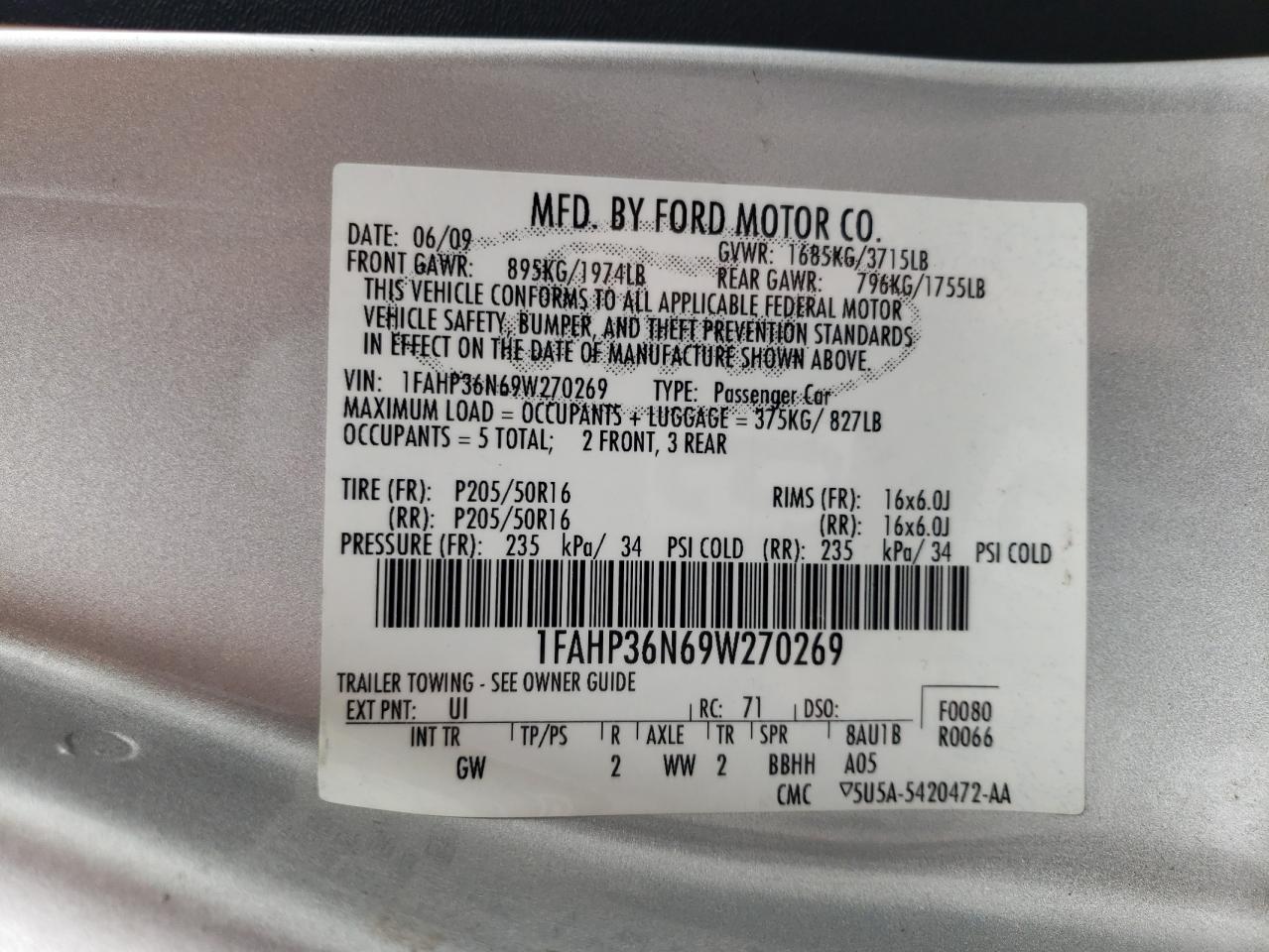 Photo 10 from auction – 2009 FORD FOCUS SES with VIN 1FAHP36N69W270269
