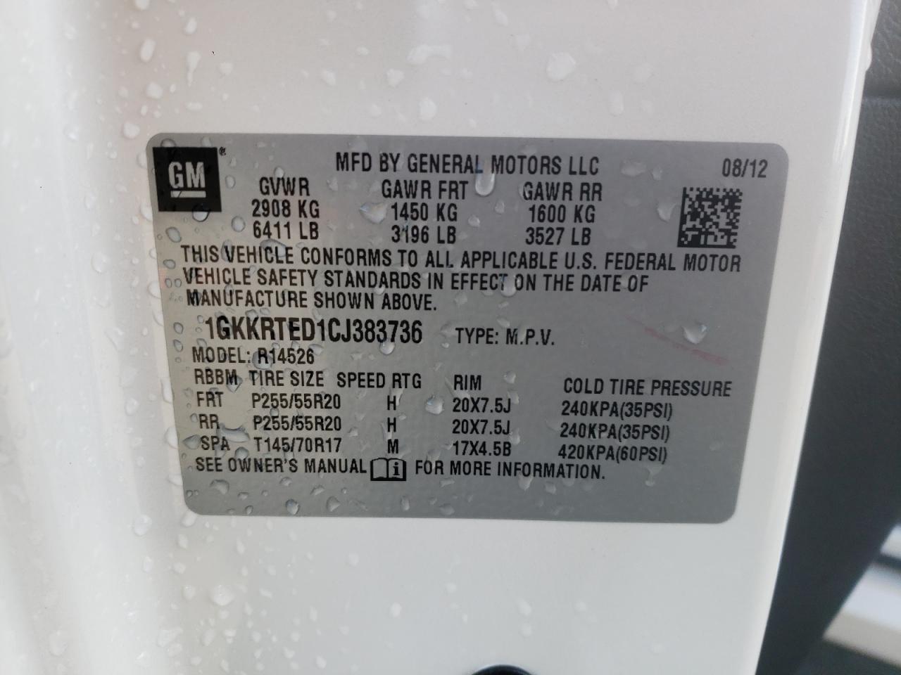 Photo 10 from auction – 2012 GMC ACADIA DEN with VIN 1GKKRTED1CJ383736