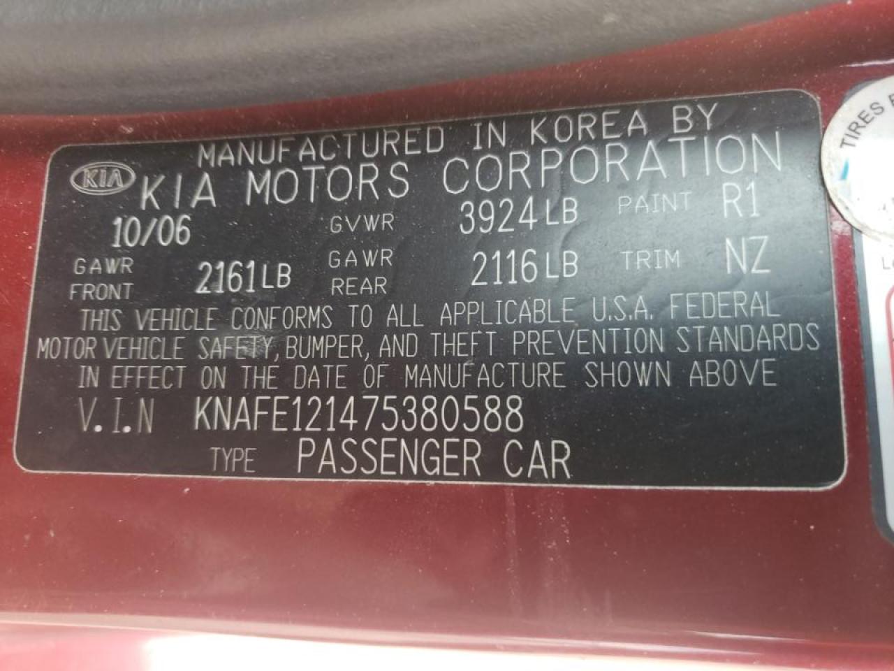 Photo 10 from auction – 2007 KIA SPECTRA EX with VIN KNAFE121475380588