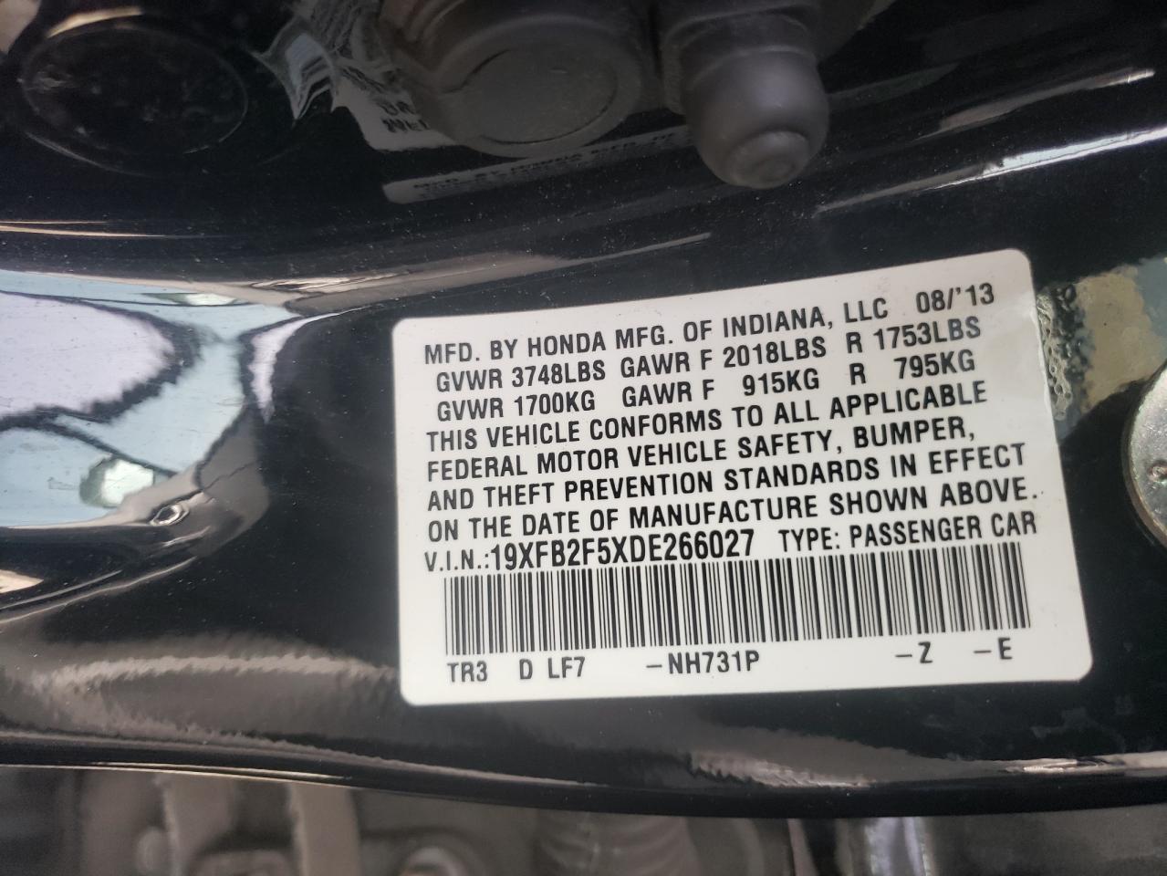 Photo 10 from auction – 2013 HONDA CIVIC LX with VIN 19XFB2F5XDE266027