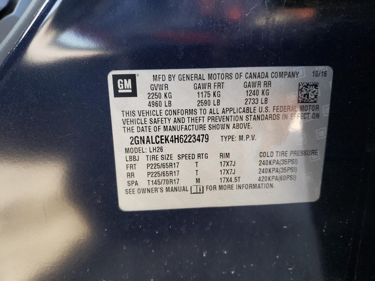 Photo 10 from auction – 2017 CHEVROLET EQUINOX LT with VIN 2GNALCEK4H6223479