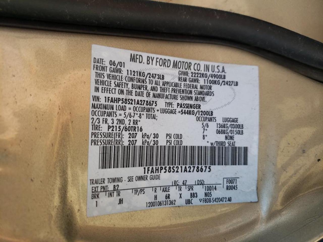 Photo 10 from auction – 2001 FORD TAURUS SE with VIN 1FAHP58S21A278675