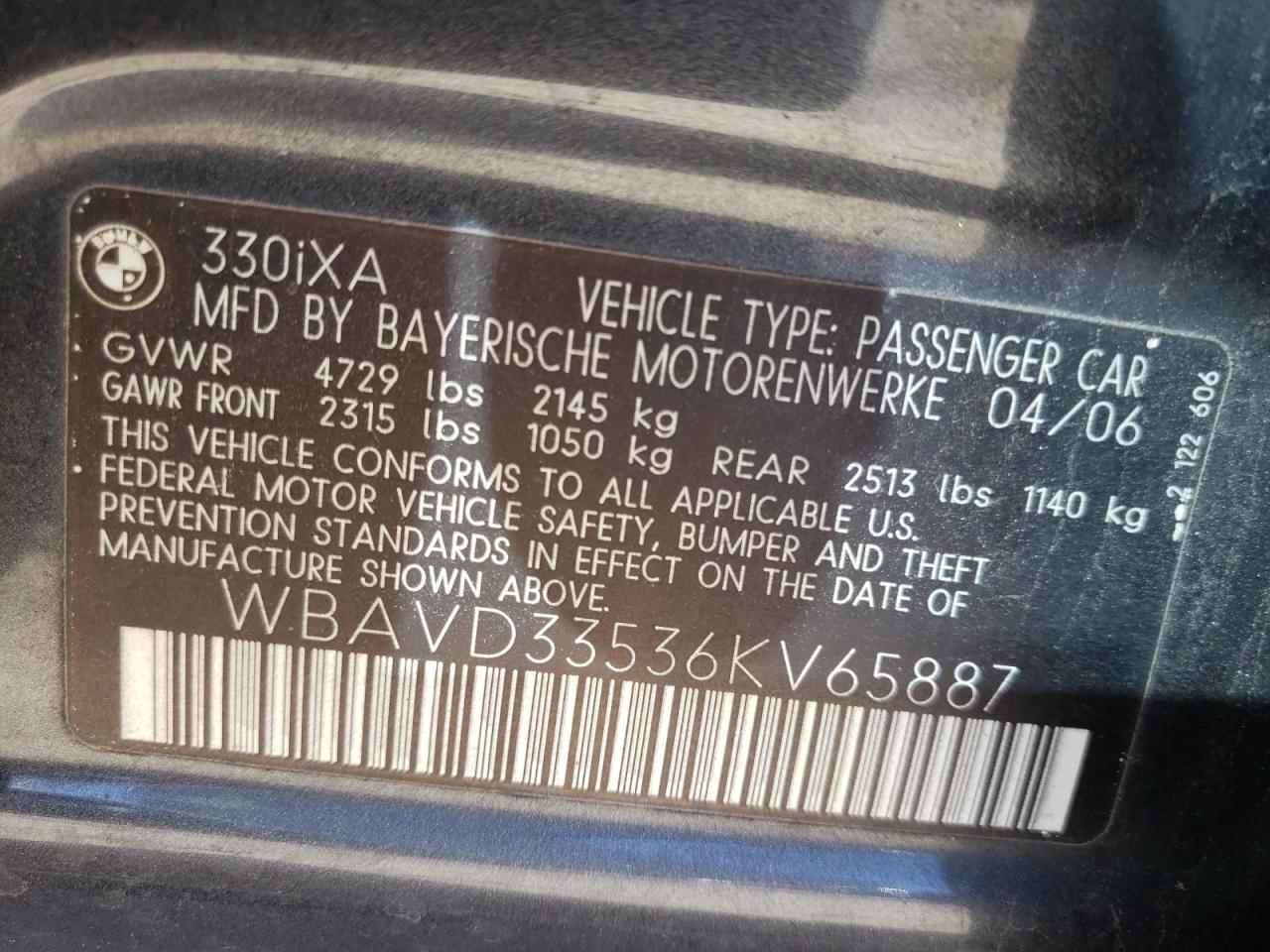 Photo 10 from auction – 2006 BMW 330 XI with VIN WBAVD33536KV65887