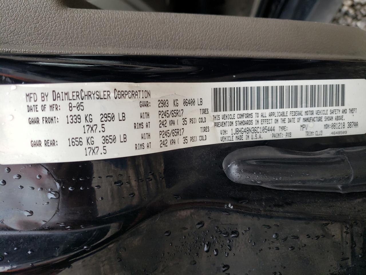 Photo 10 from auction – 2006 JEEP COMMANDER with VIN 1J8HG48N36C105444