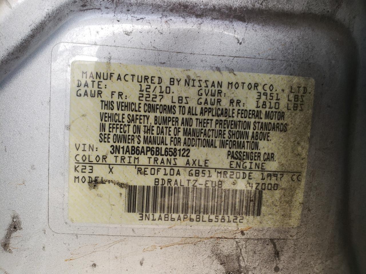 Photo 10 from auction – 2011 NISSAN SENTRA 2.0 with VIN 3N1AB6AP6BL658122