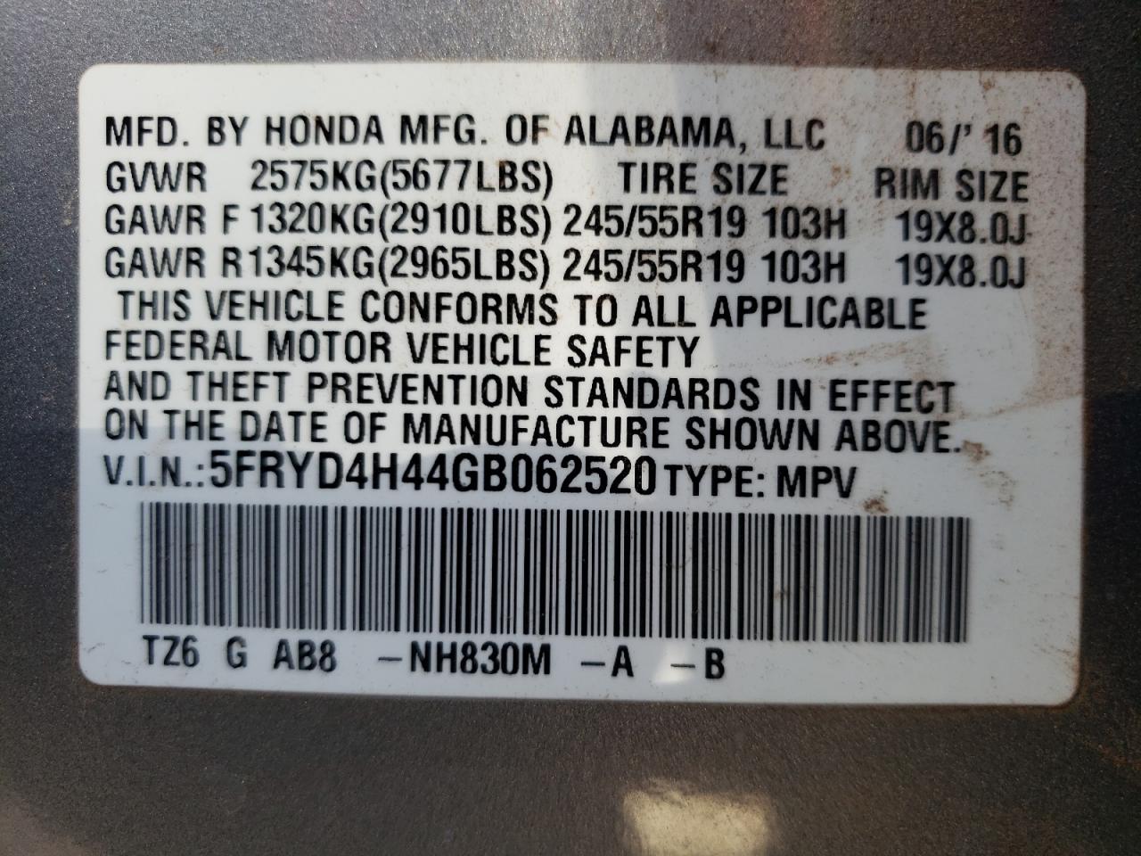 Photo 10 from auction – 2016 ACURA MDX TECHNO with VIN 5FRYD4H44GB062520