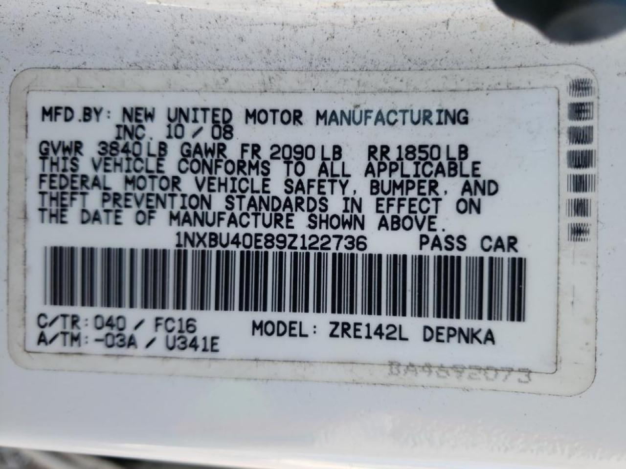 Photo 10 from auction – 2009 TOYOTA COROLLA BA with VIN 1NXBU40E89Z122736