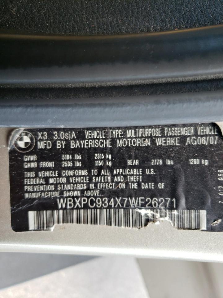 Photo 10 from auction – 2007 BMW X3 3.0SI with VIN WBXPC934X7WF26271