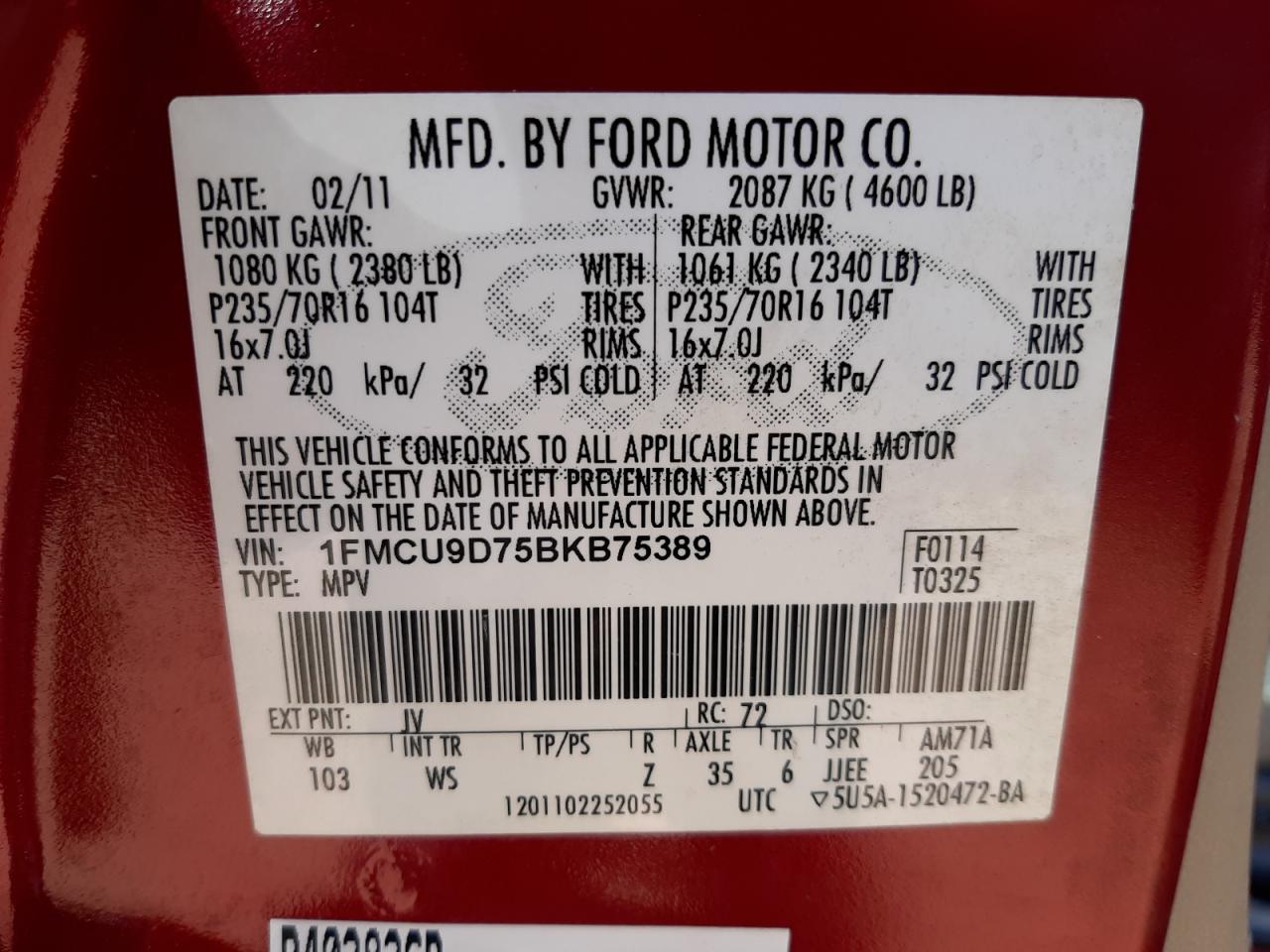 Photo 10 from auction – 2011 FORD ESCAPE XLT with VIN 1FMCU9D75BKB75389