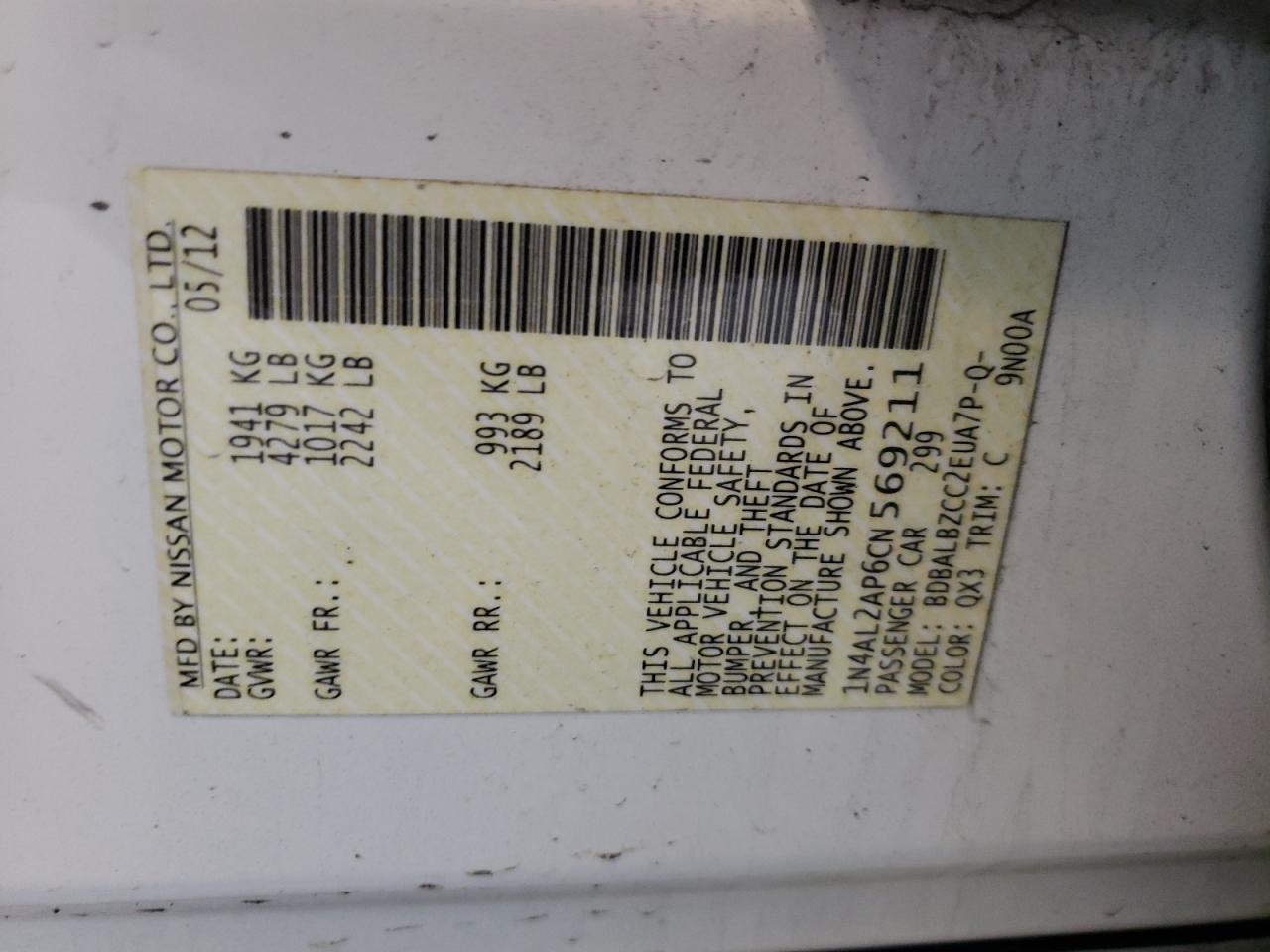 Foto 10 de la subasta – 2012 NISSAN ALTIMA BAS con VIN 1N4AL2AP6CN569211