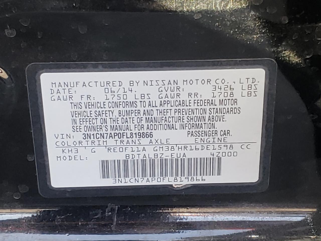 Photo 10 from auction – 2015 NISSAN VERSA S with VIN 3N1CN7AP0FL819866