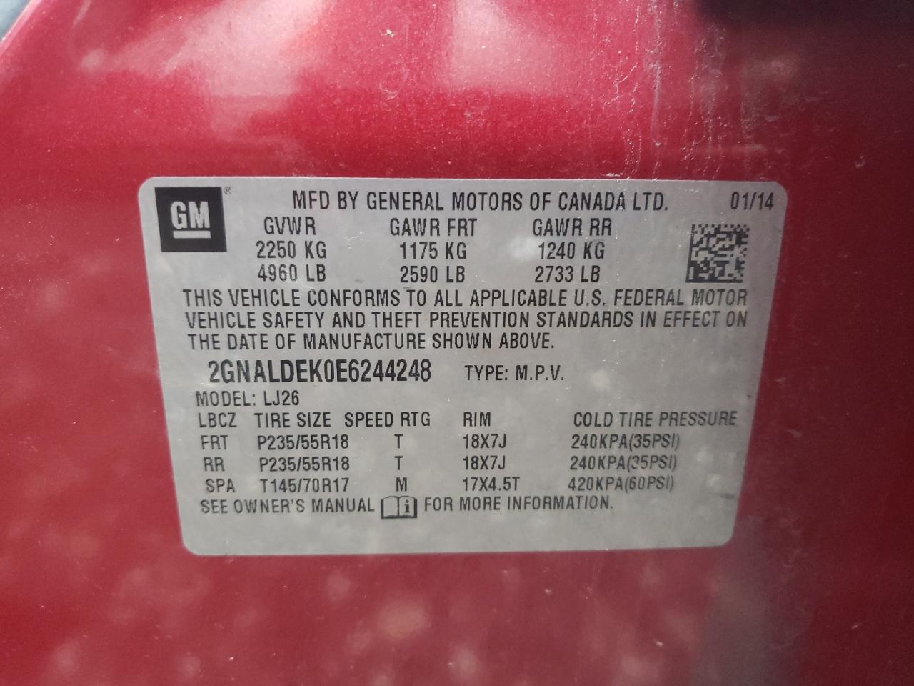 Photo 10 from auction – 2014 CHEVROLET EQUINOX LT with VIN 2GNALDEK0E6244248