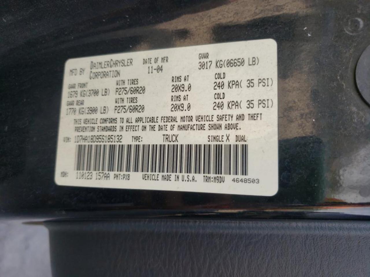 Photo 10 from auction – 2005 DODGE RAM 1500 S with VIN 1D7HA18D95S185132