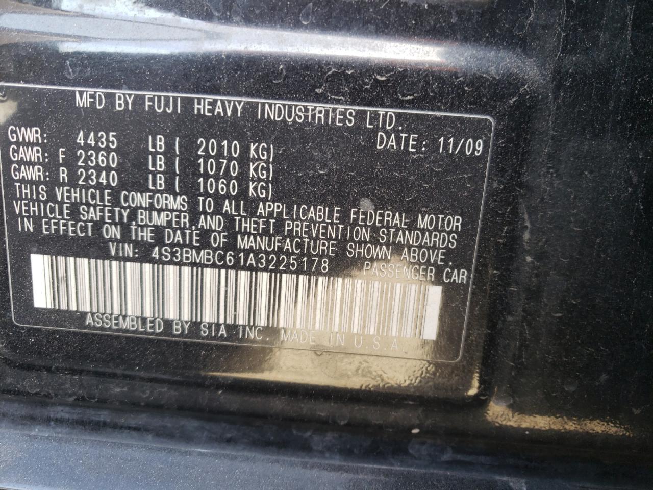 Photo 10 from auction – 2010 SUBARU LEGACY 2.5 with VIN 4S3BMBC61A3225178