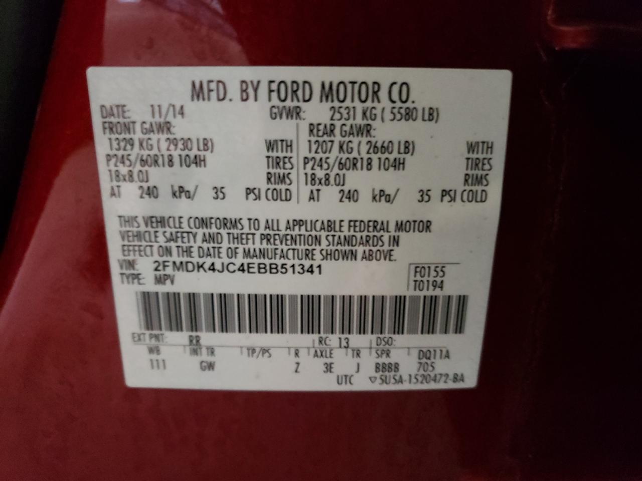 Photo 10 from auction – 2014 FORD EDGE SEL with VIN 2FMDK4JC4EBB51341