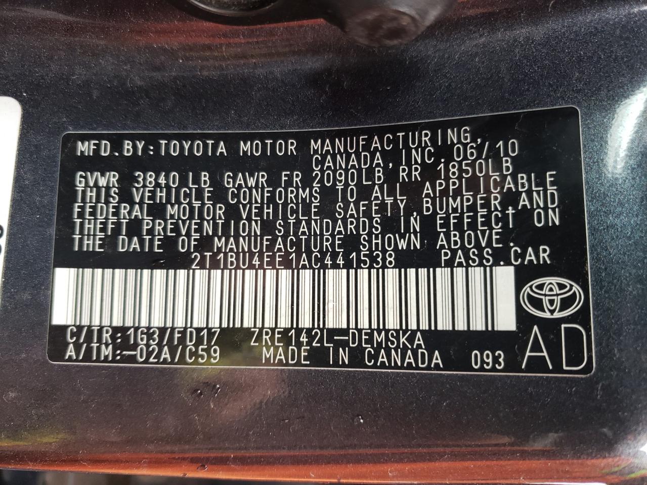 Photo 10 from auction – 2010 TOYOTA COROLLA BA with VIN 2T1BU4EE1AC441538