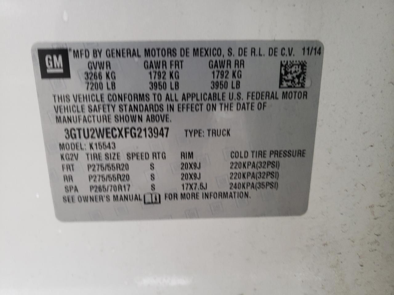 Photo 10 from auction – 2015 GMC SIERRA K15 with VIN 3GTU2WECXFG213947