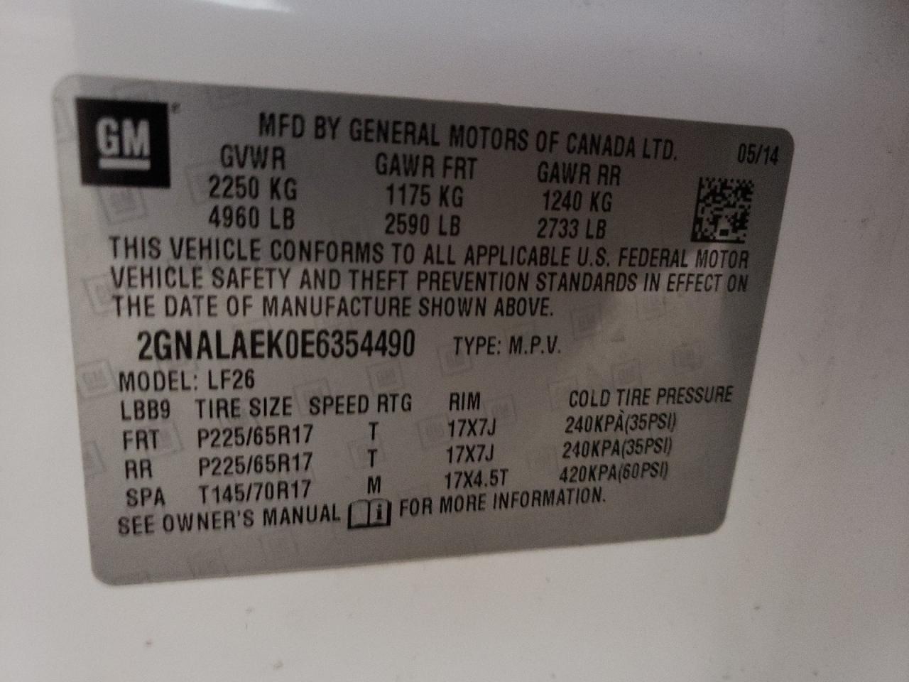 Photo 10 from auction – 2014 CHEVROLET EQUINOX LS with VIN 2GNALAEK0E6354490