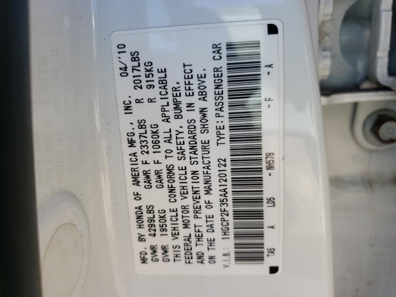 Photo 10 from auction – 2010 HONDA ACCORD LX with VIN 1HGCP2F35AA120122