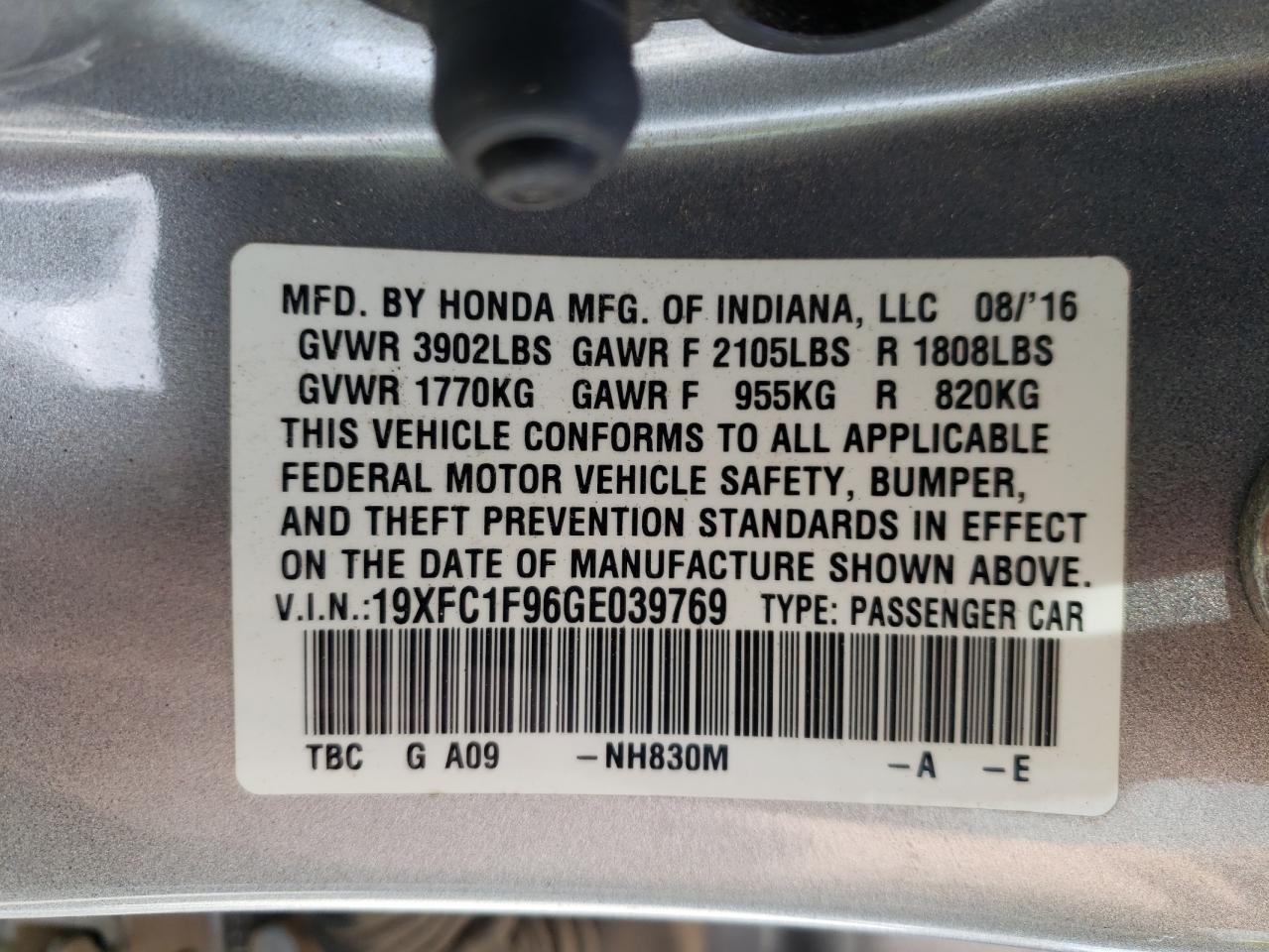 Photo 10 from auction – 2016 HONDA CIVIC TOUR with VIN 19XFC1F96GE039769