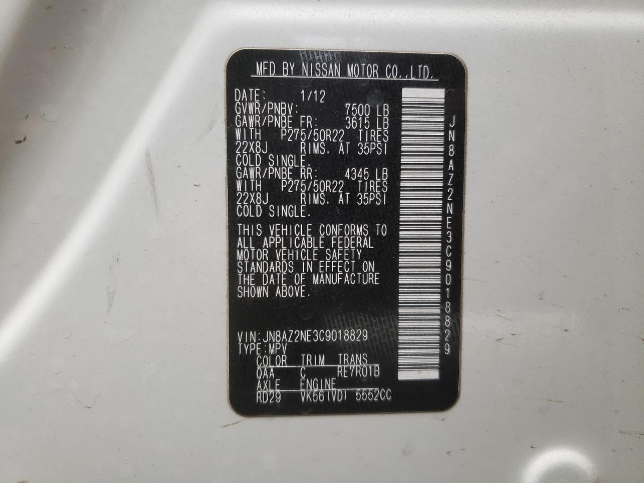 Photo 10 from auction – 2012 INFINITI QX56 with VIN JN8AZ2NE3C9018829