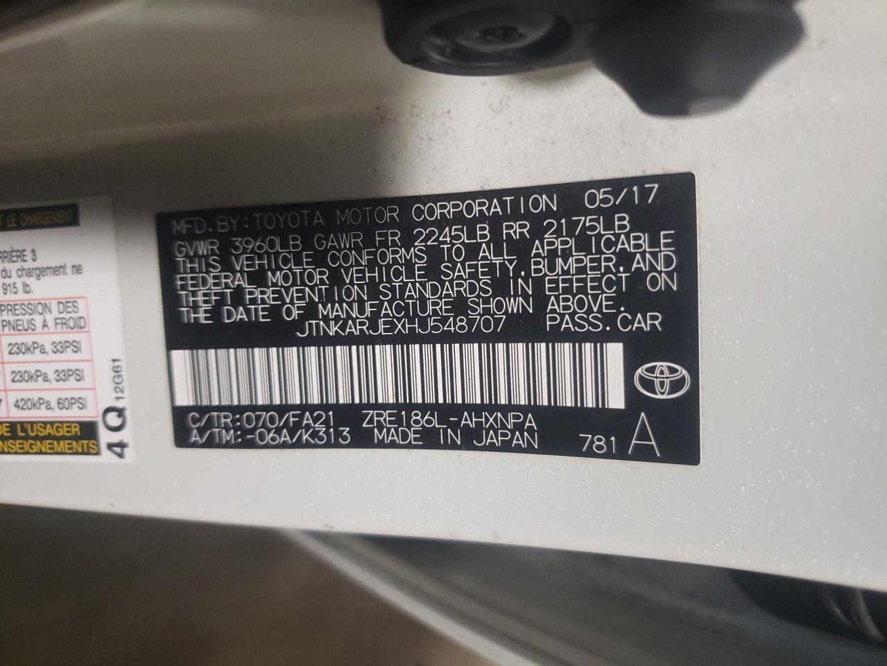 Photo 10 from auction – 2017 TOYOTA COROLLA IM with VIN JTNKARJEXHJ548707