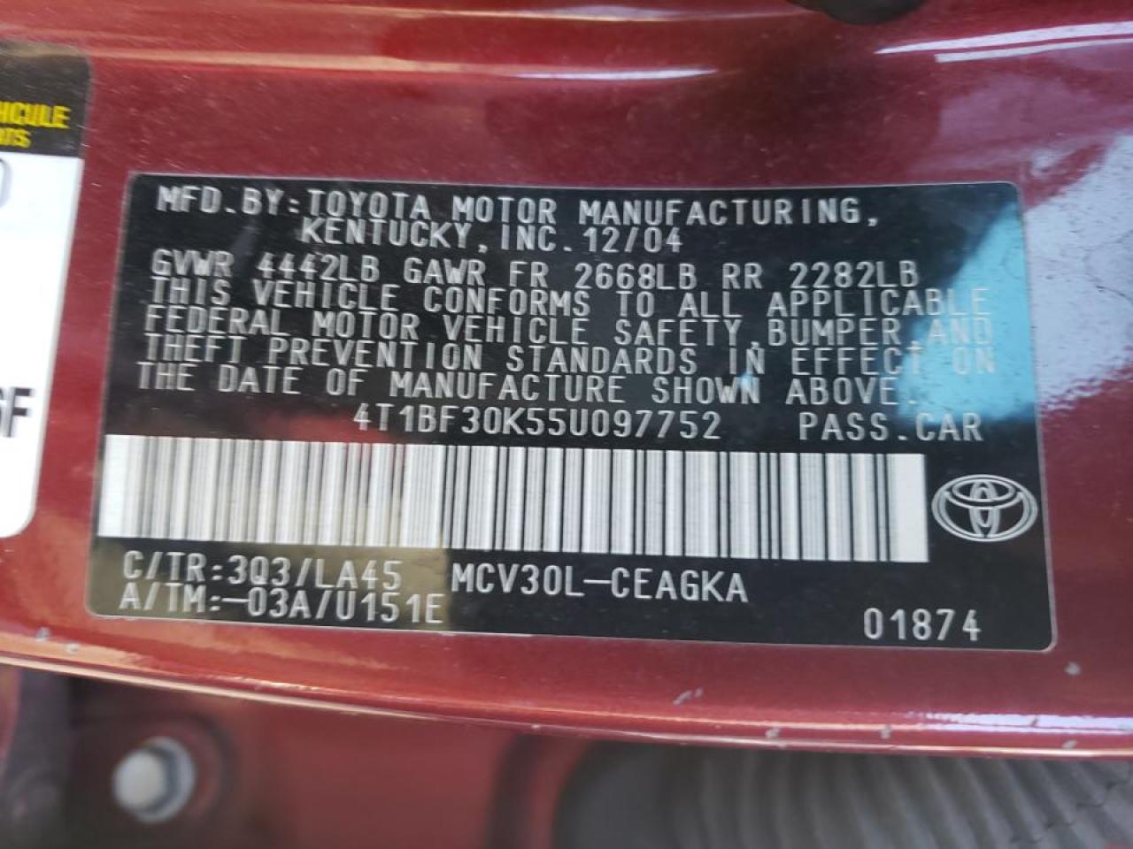 Photo 10 from auction – 2005 TOYOTA CAMRY LE with VIN 4T1BF30K55U097752
