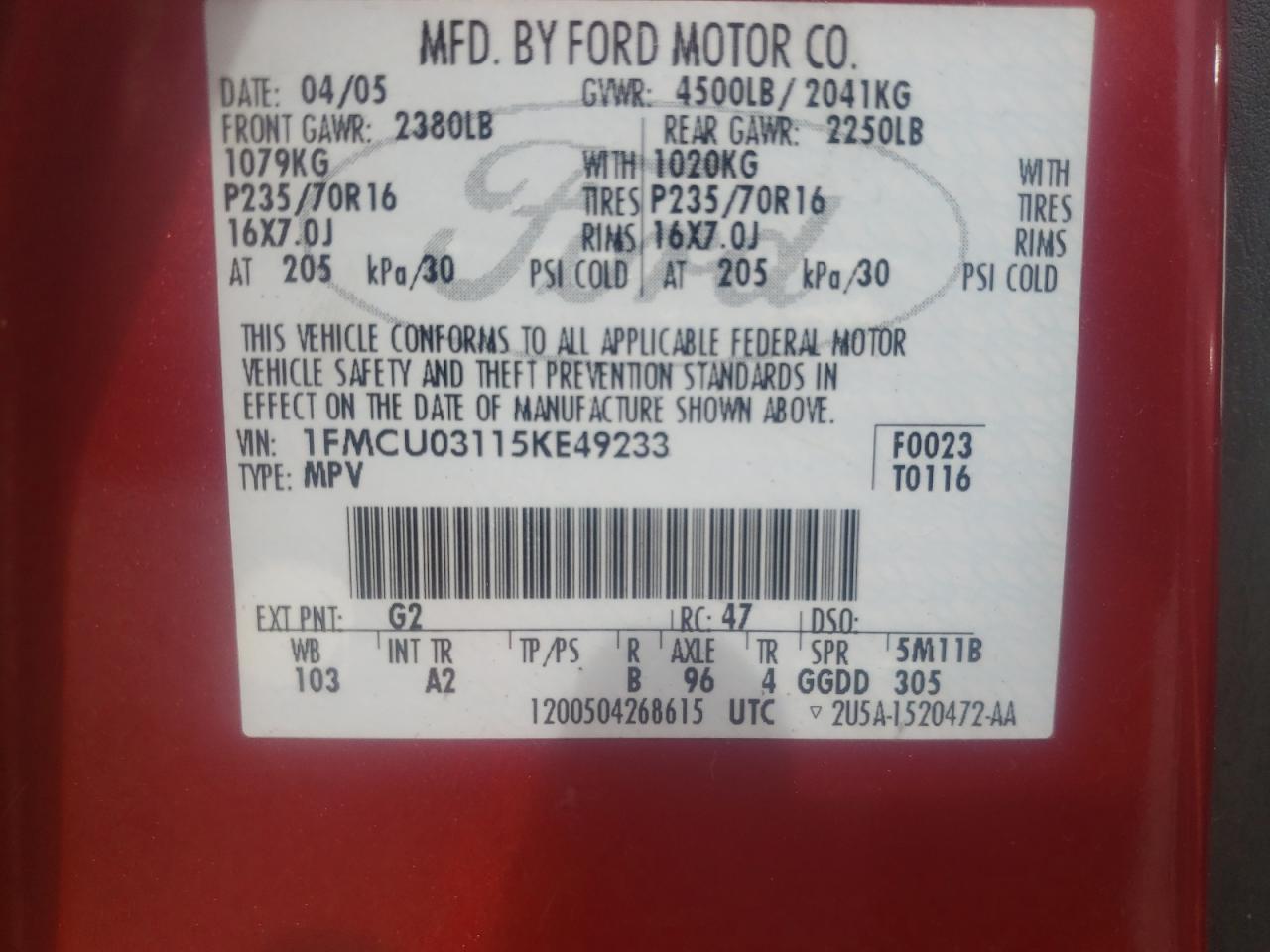 Photo 10 from auction – 2005 FORD ESCAPE XLT with VIN 1FMCU03115KE49233