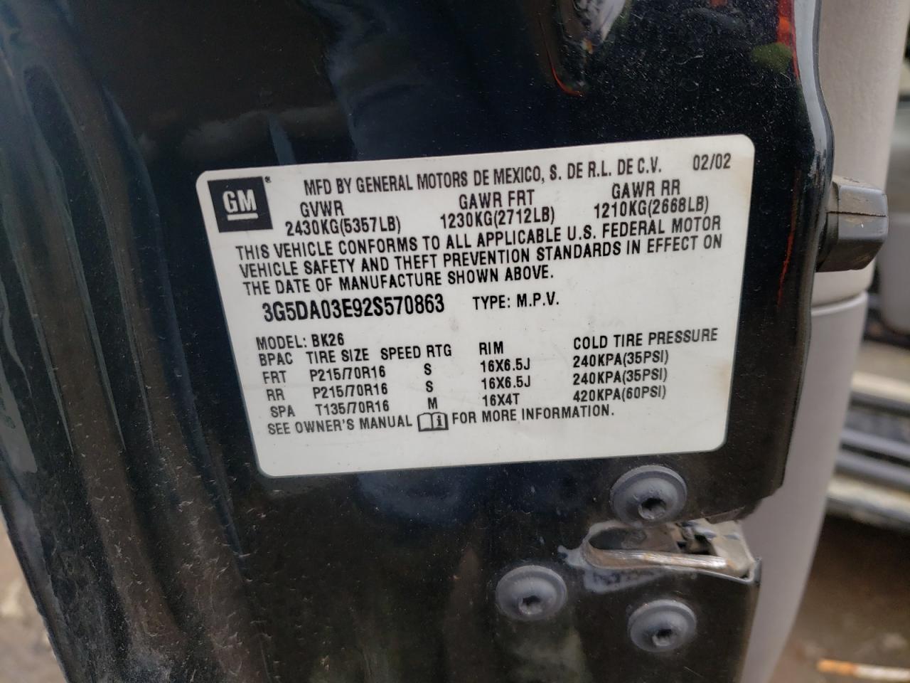 Photo 10 from auction – 2002 BUICK RENDEZVOUS with VIN 3G5DA03E92S570863