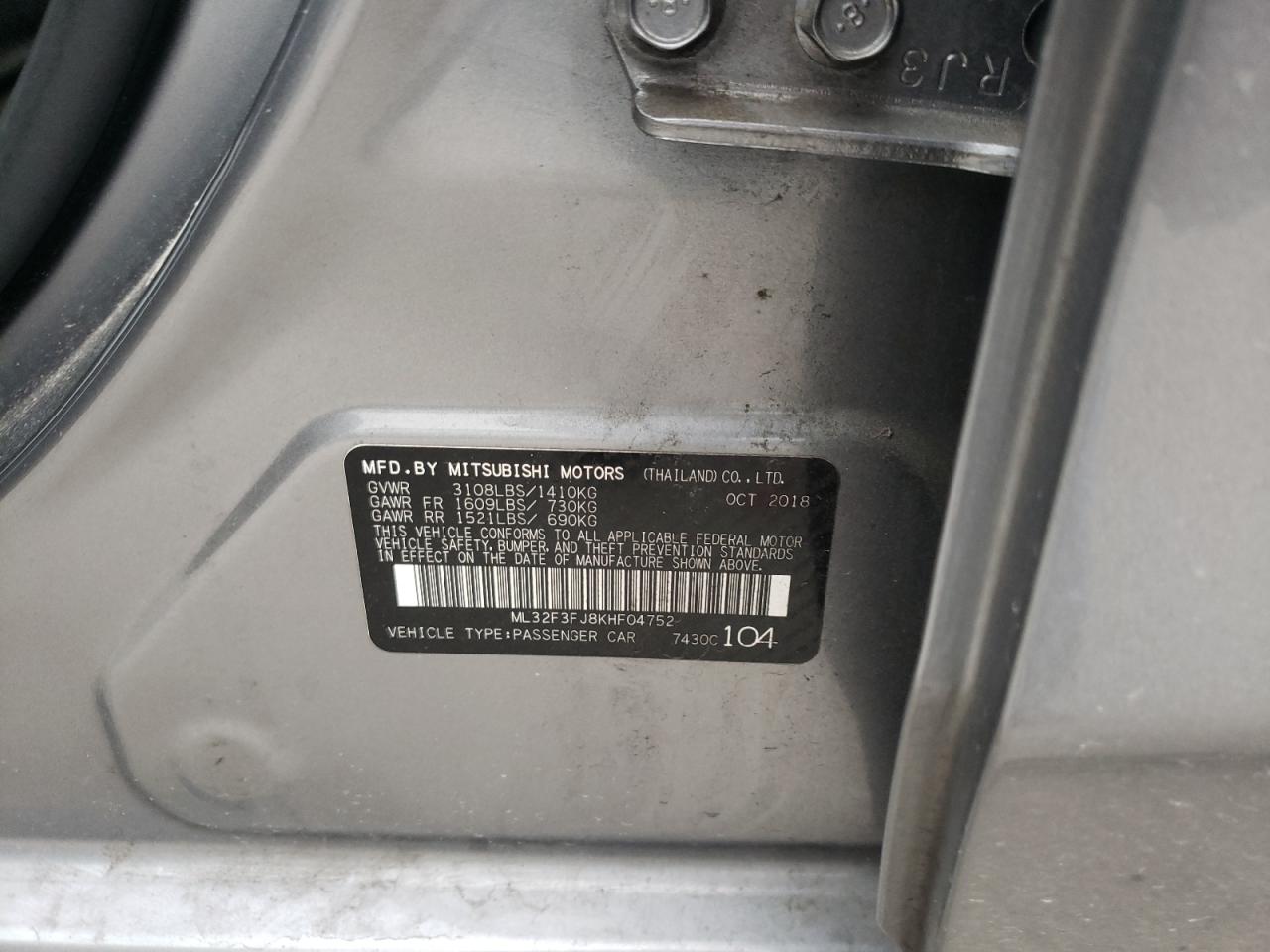 Photo 10 from auction – 2019 MITSUBISHI MIRAGE G4 with VIN ML32F3FJ8KHF04752