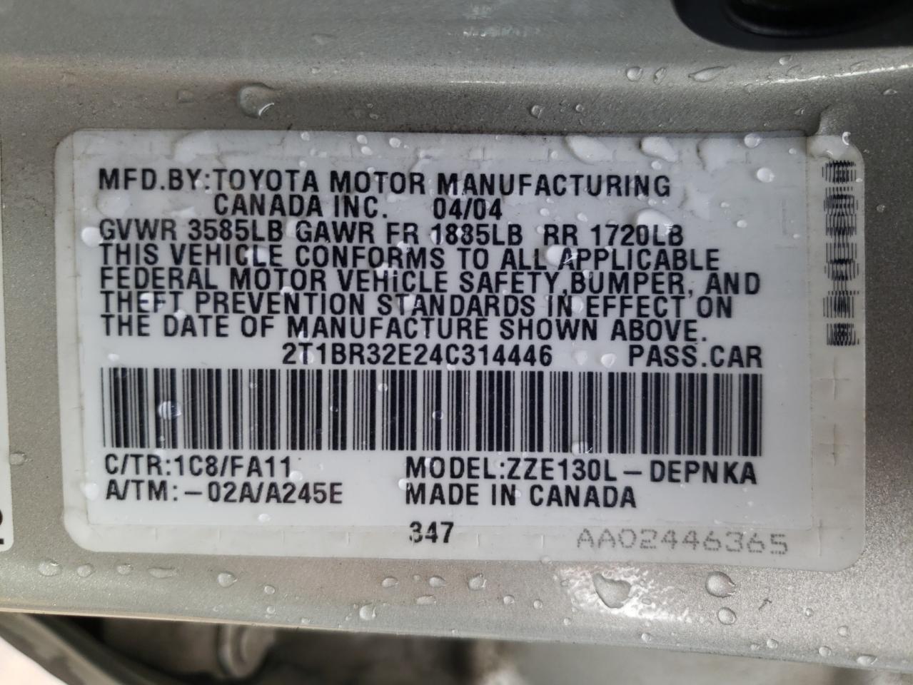 Photo 10 from auction – 2004 TOYOTA COROLLA CE with VIN 2T1BR32E24C314446